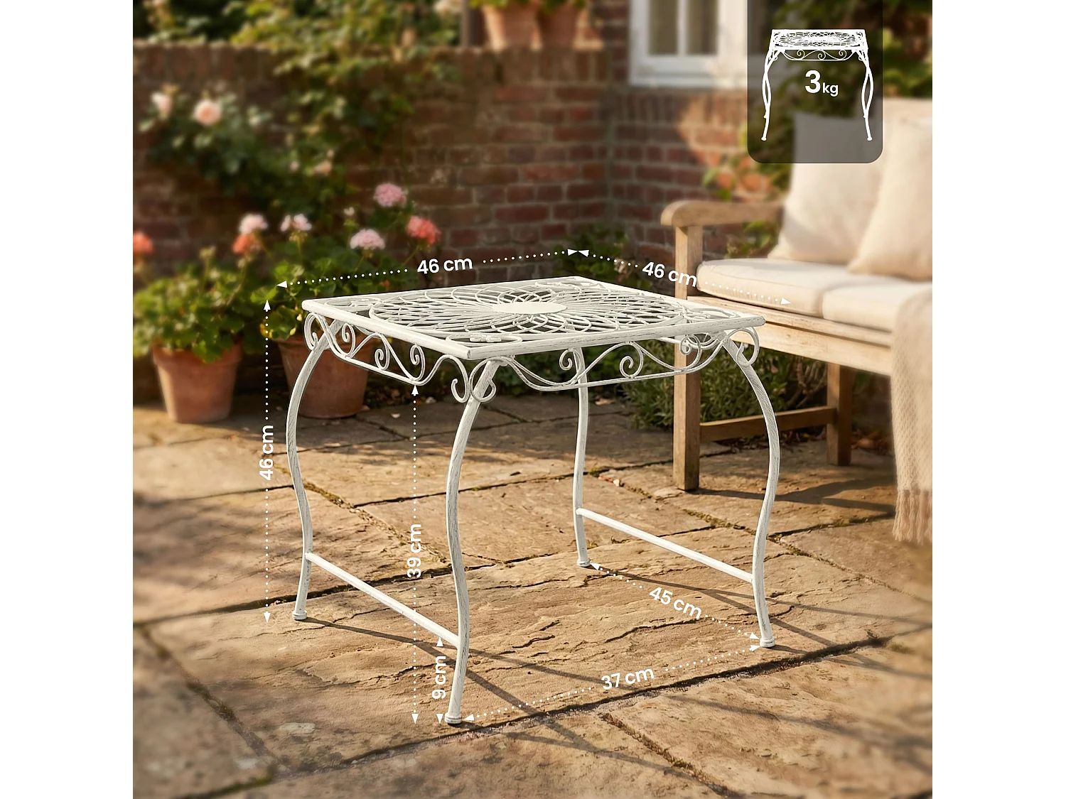 Table d'appoint de jardin - carré - Métal - 49 x 45 cm - Blanc antique - Zarina