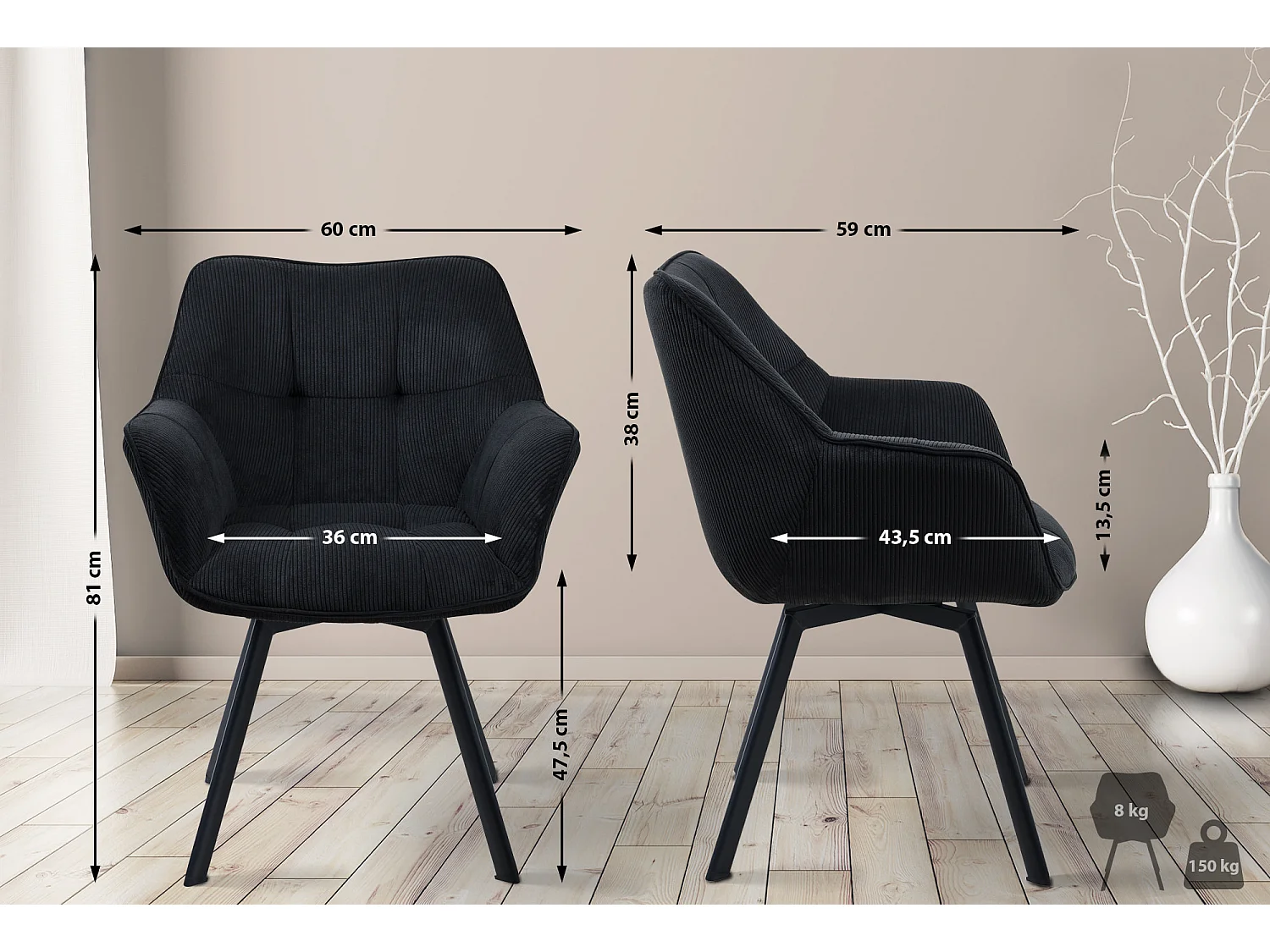 Fauteuil en tissu Jordi - Noir81.00