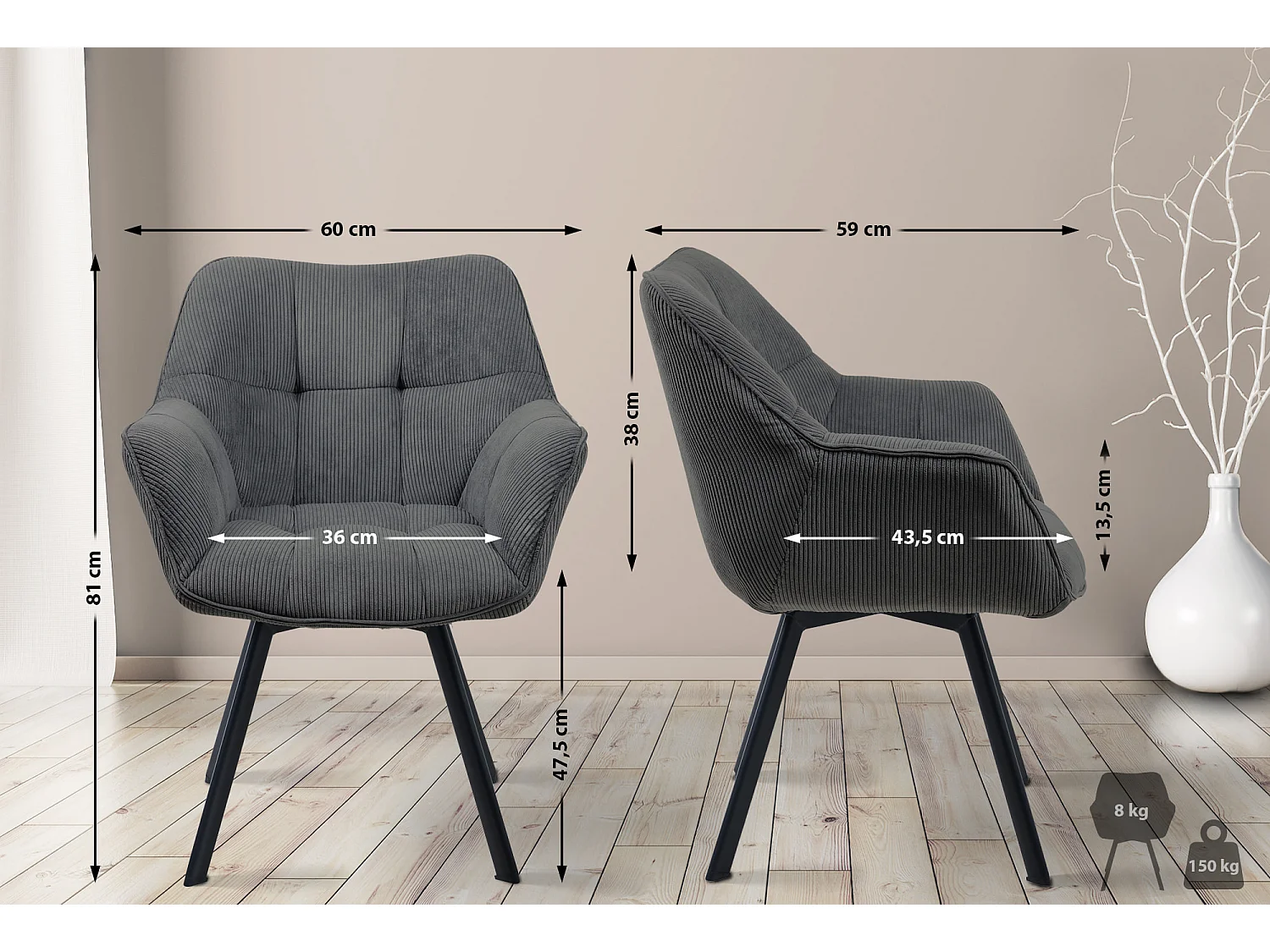 Fauteuil en tissu Jordi - Gris foncé81.00