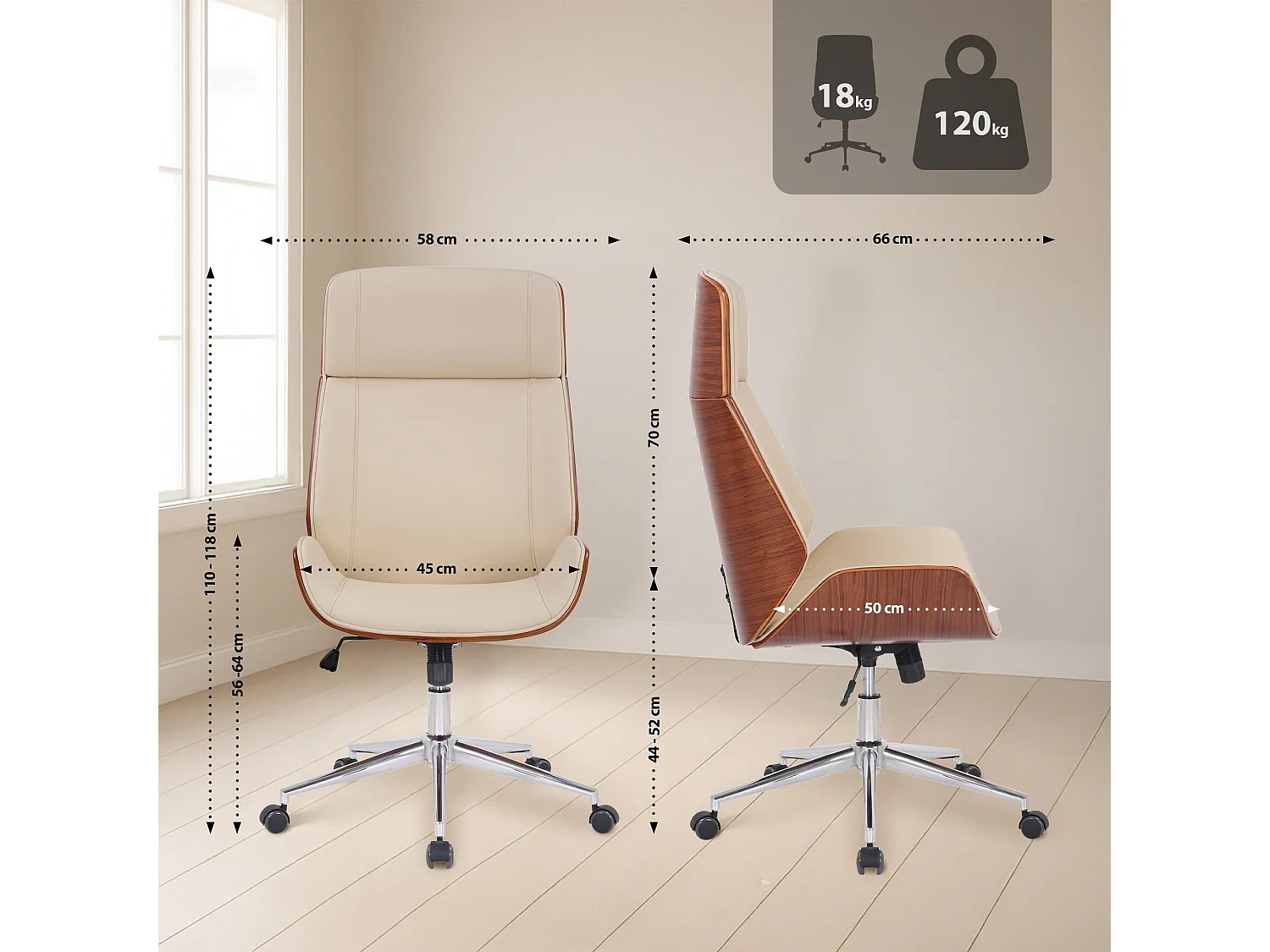 Fauteuil de bureau Varel - Noyer - Crème110.00