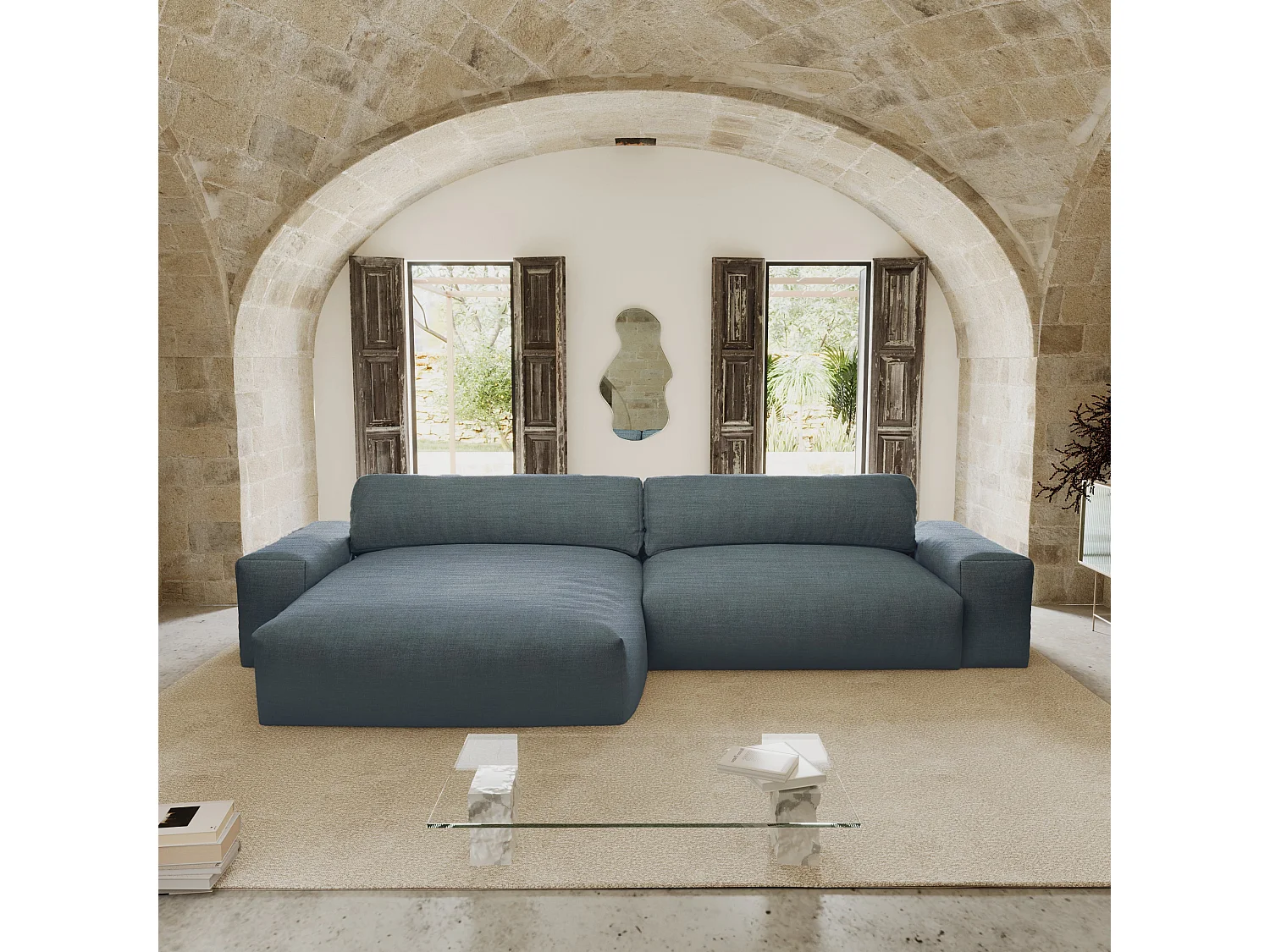 Canapé angle gauche 4 places tissu tramé toucher doux bleu gris 310cm  BLISS