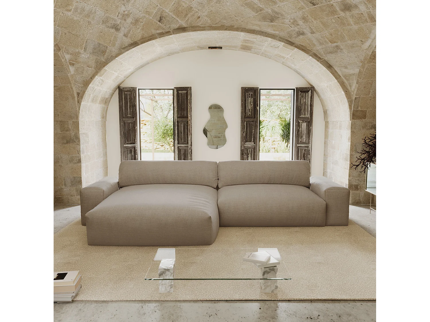 Canapé angle gauche 4 places tissu tramé toucher doux taupe 310cm BLISS