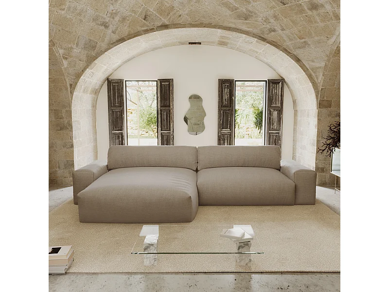 Canapé angle gauche 4 places tissu tramé toucher doux taupe 310cm BLISS