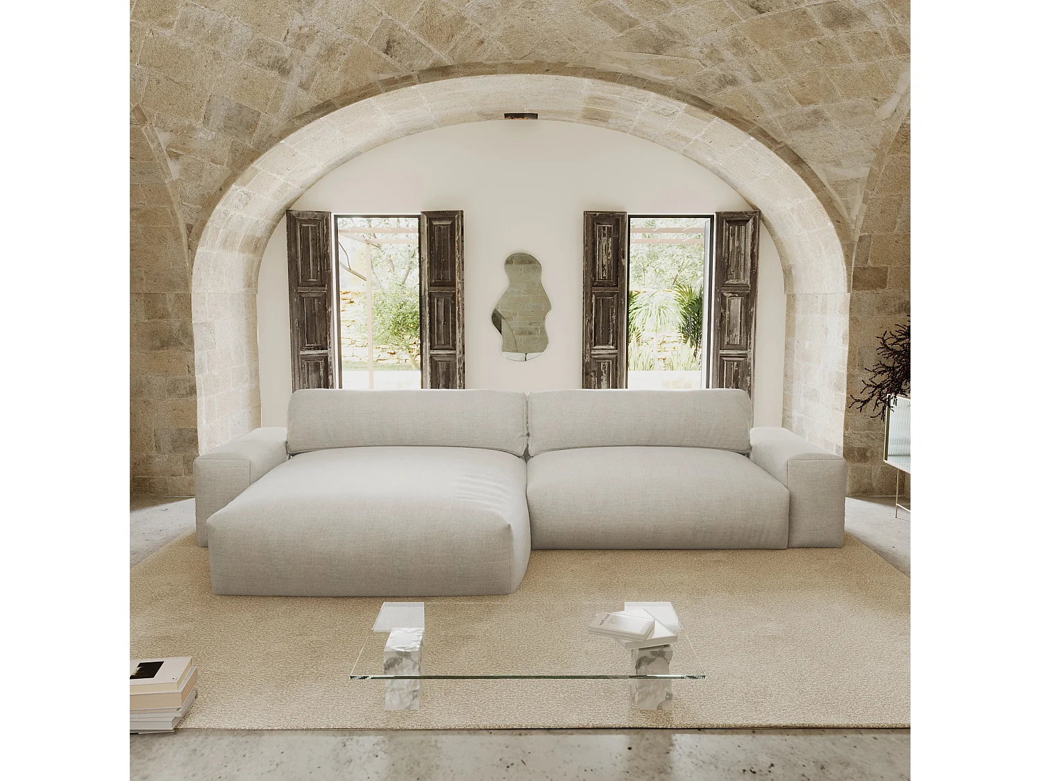 Canapé angle gauche 4 places tissu tramé toucher doux beige BLISS