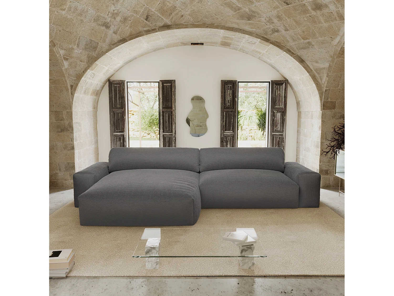 Canapé angle gauche velours côtelé gris anthracite 310cm BLISS