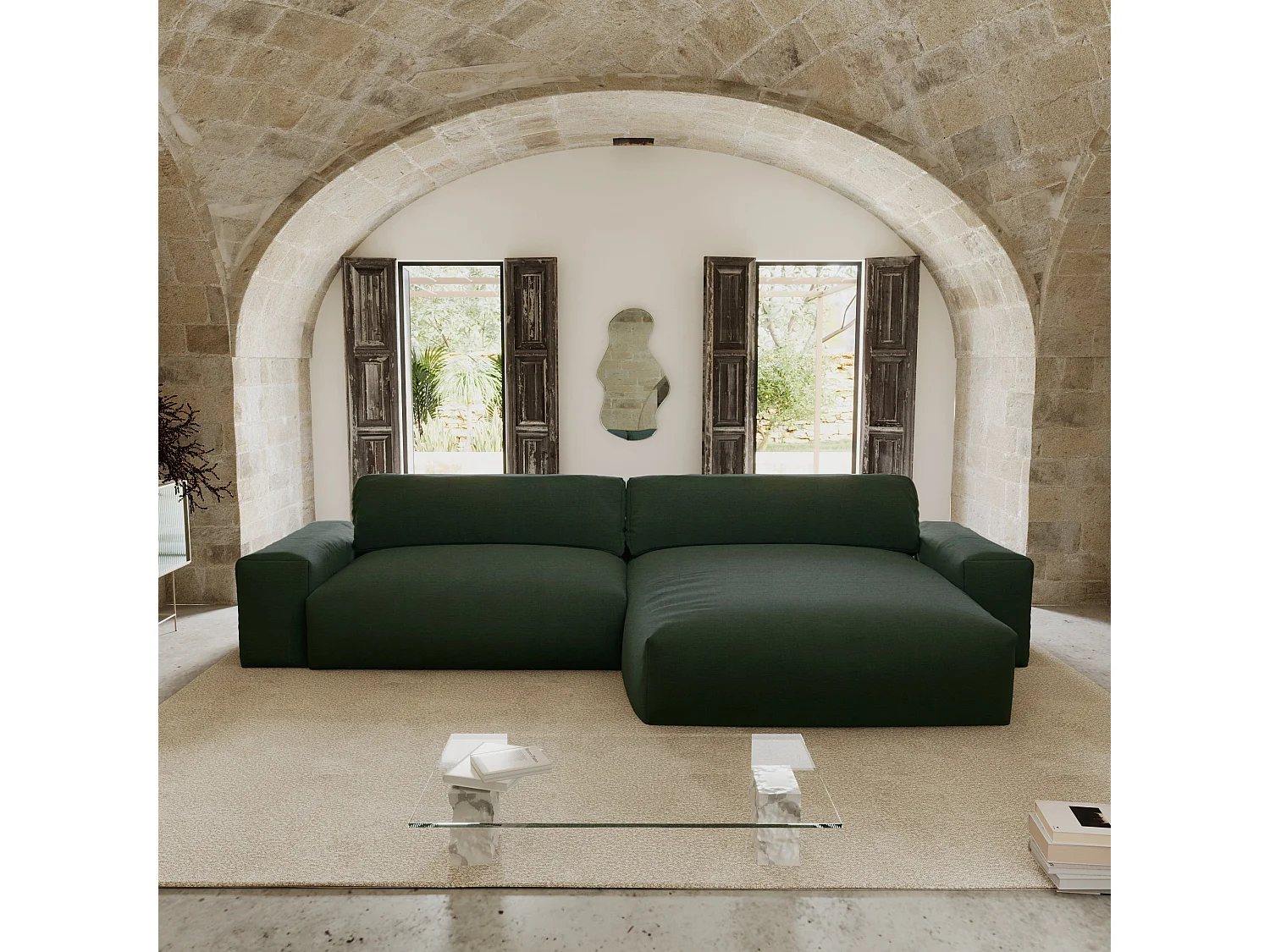 Canapé angle droit 4 places tissu tramé toucher doux vert kaki 310cm BLISS