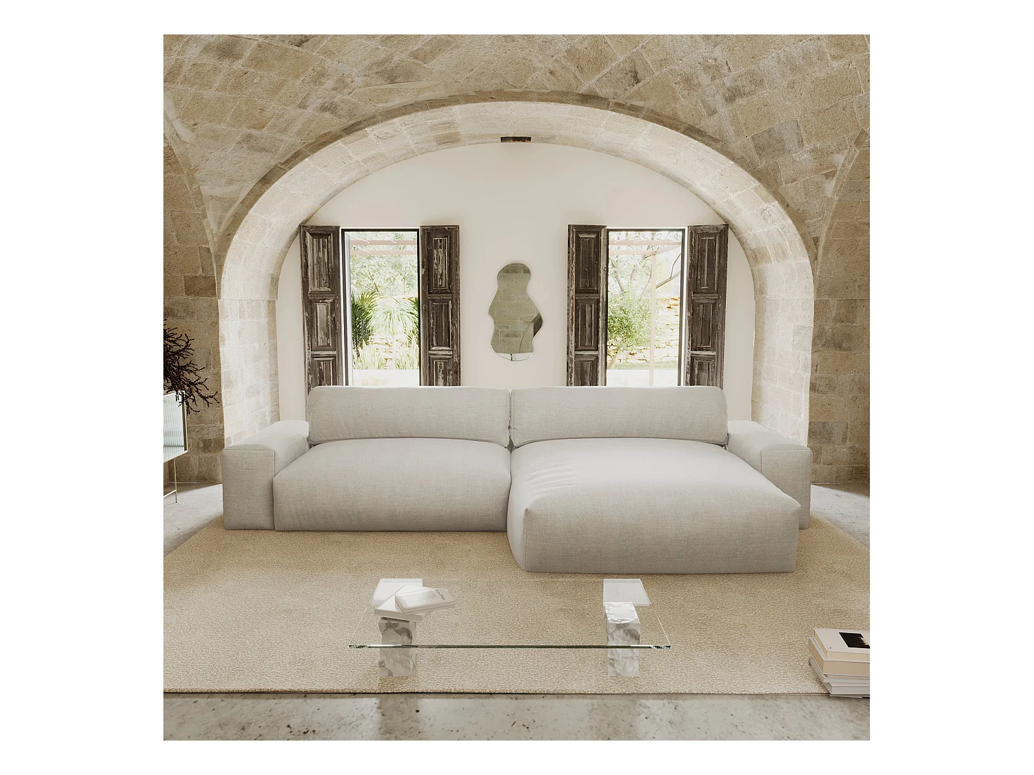 Canapé angle droit 4 places tissu tramé toucher doux beige 310cm