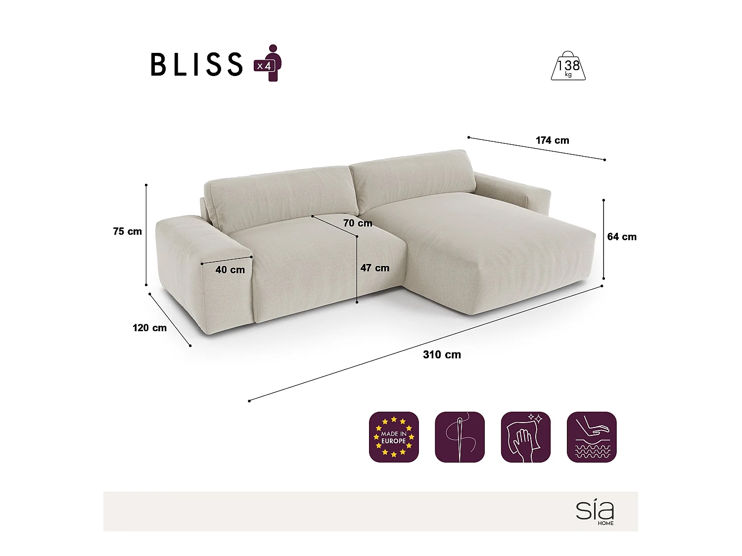 Canapé angle droit 4 places tissu tramé toucher doux beige 310cm