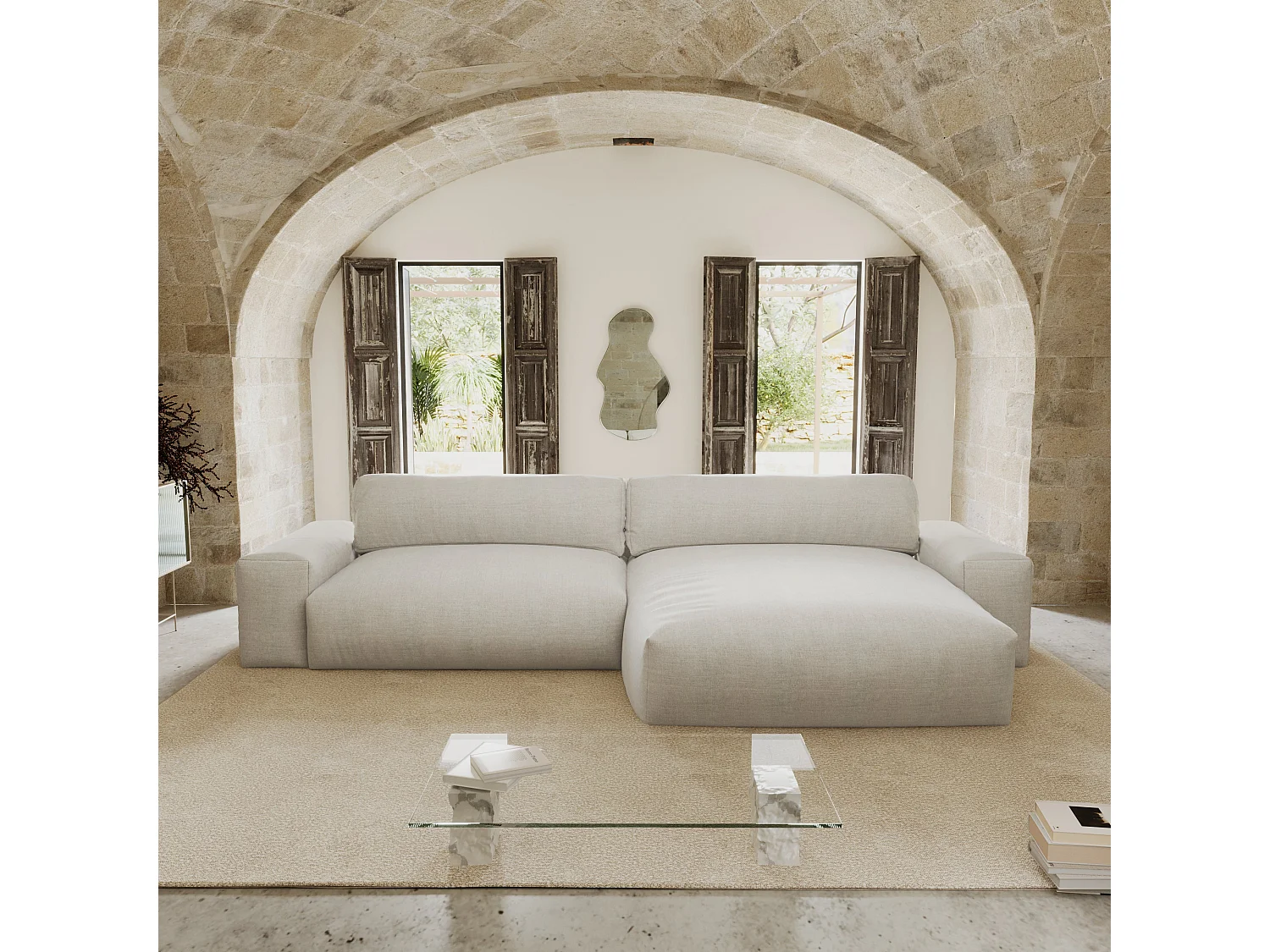 Canapé angle droit 4 places tissu tramé toucher doux beige 310cm