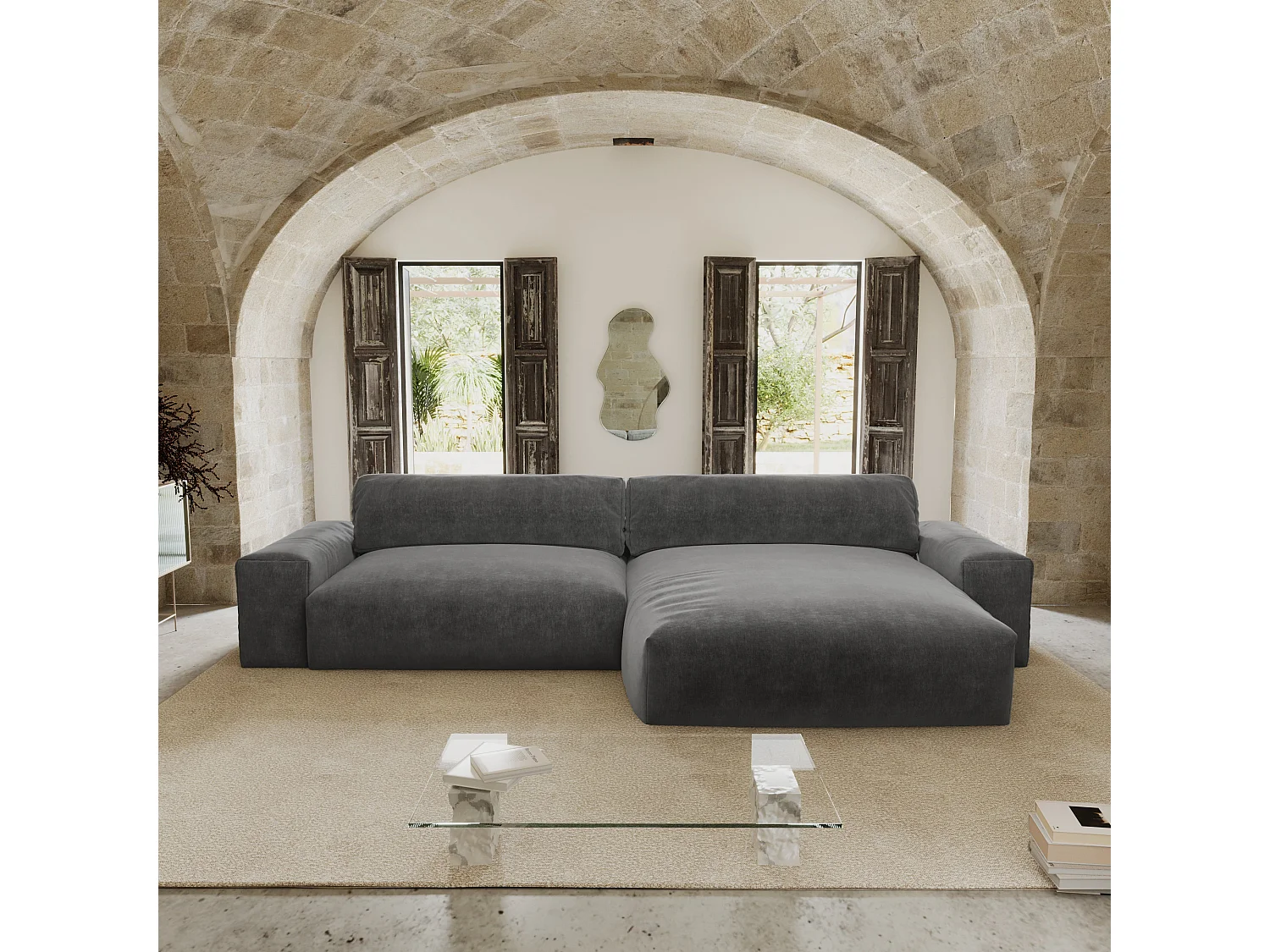 Canapé angle droit 4 places BLISS en velours gris graphite