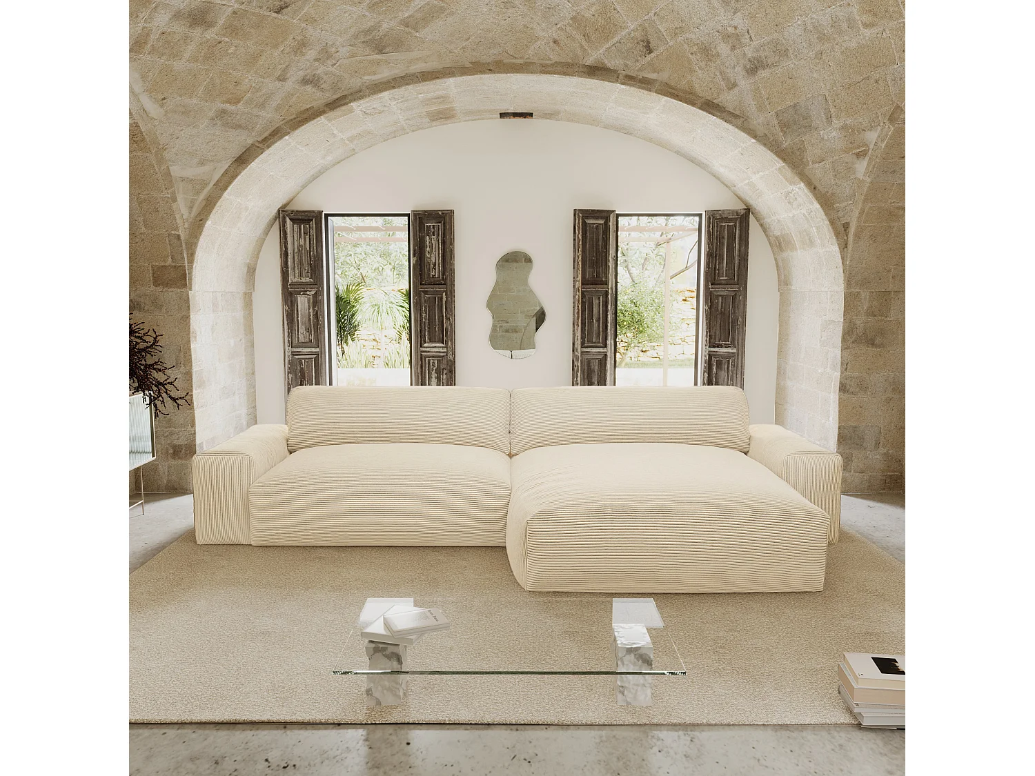 Canapé angle droit velours côtelé crème 310cm BLISS