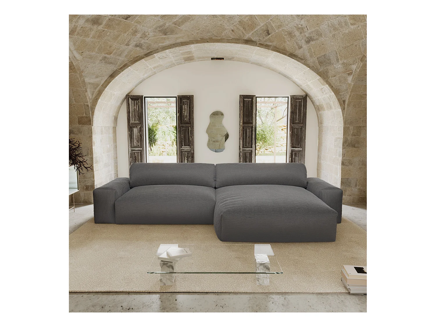 Canapé angle droit velours côtelé gris anthracite 310cm