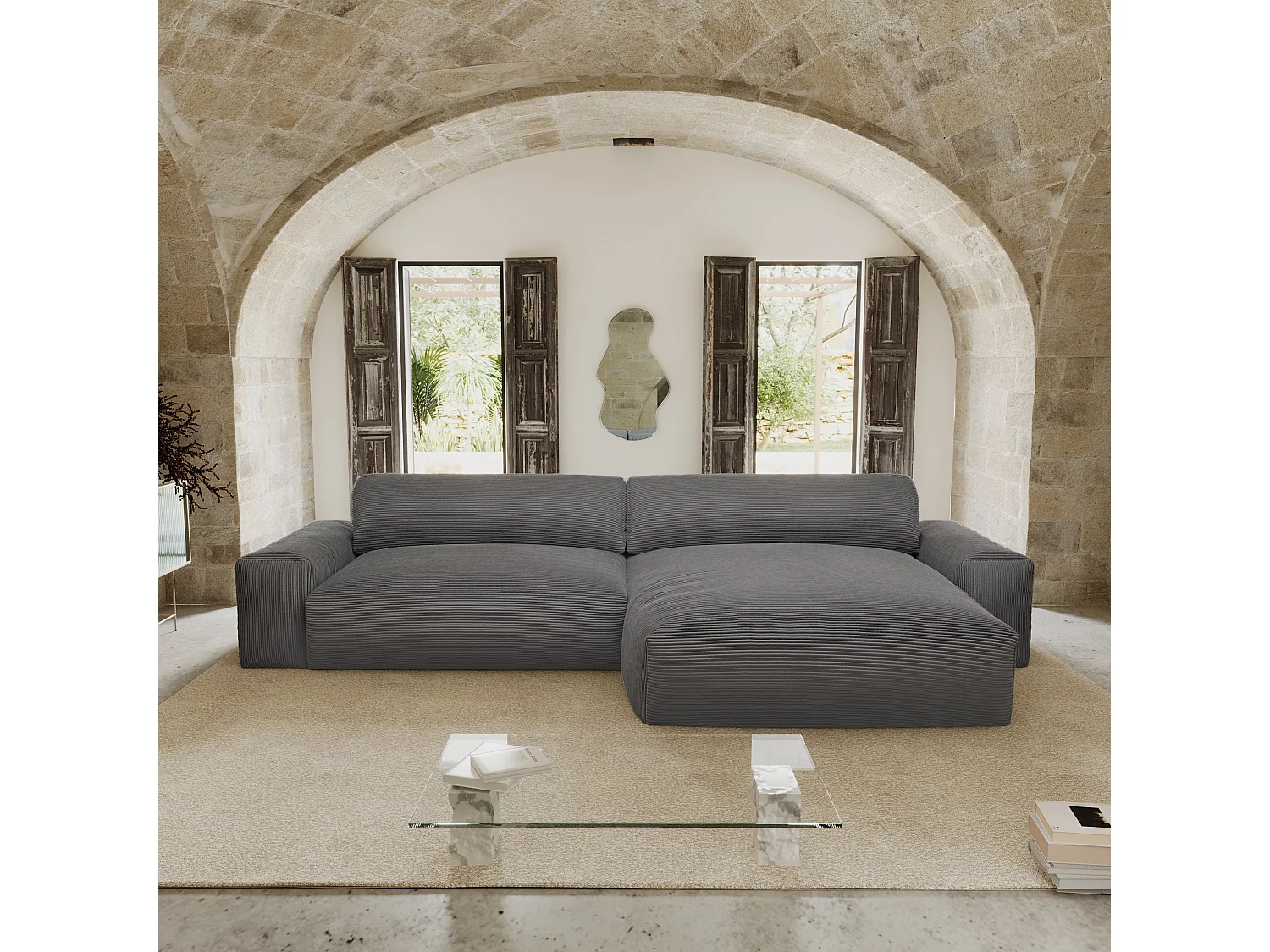 Canapé angle droit velours côtelé gris anthracite 310cm