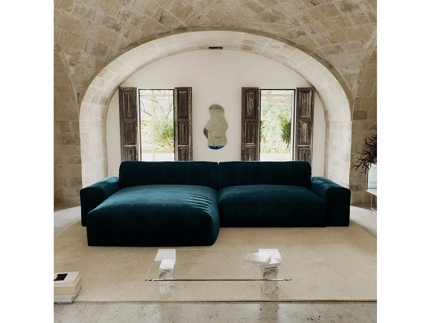Canapé angle gauche 4 places BLISS en velours bleu paon