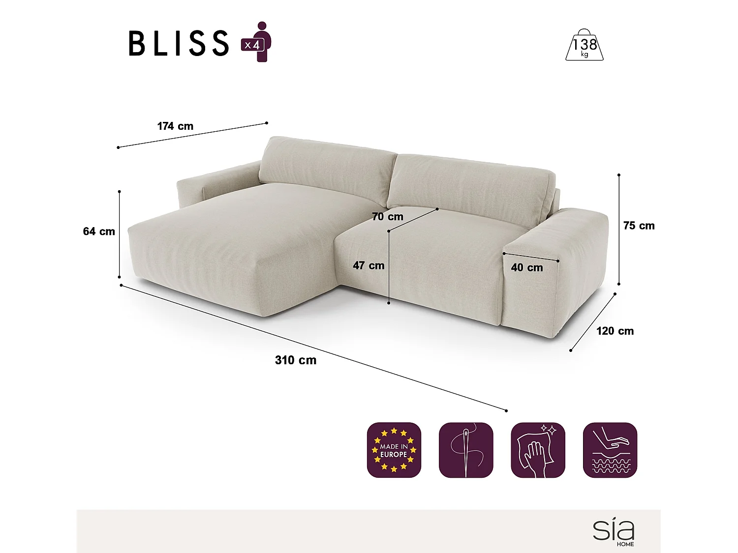 Canapé angle gauche 4 places BLISS en velours bleu paon