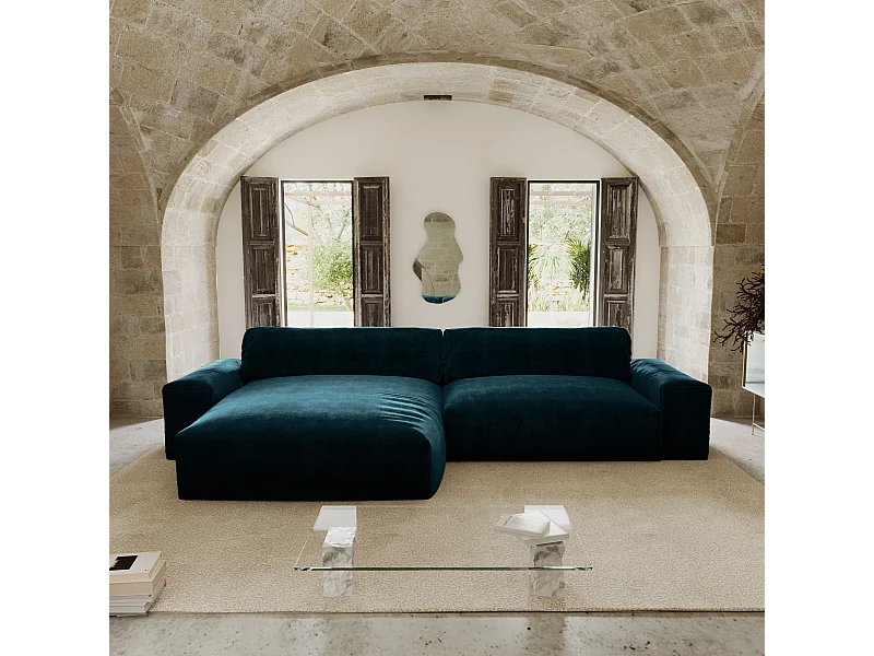 Canapé angle gauche velours bleu paon 310cm BLISS