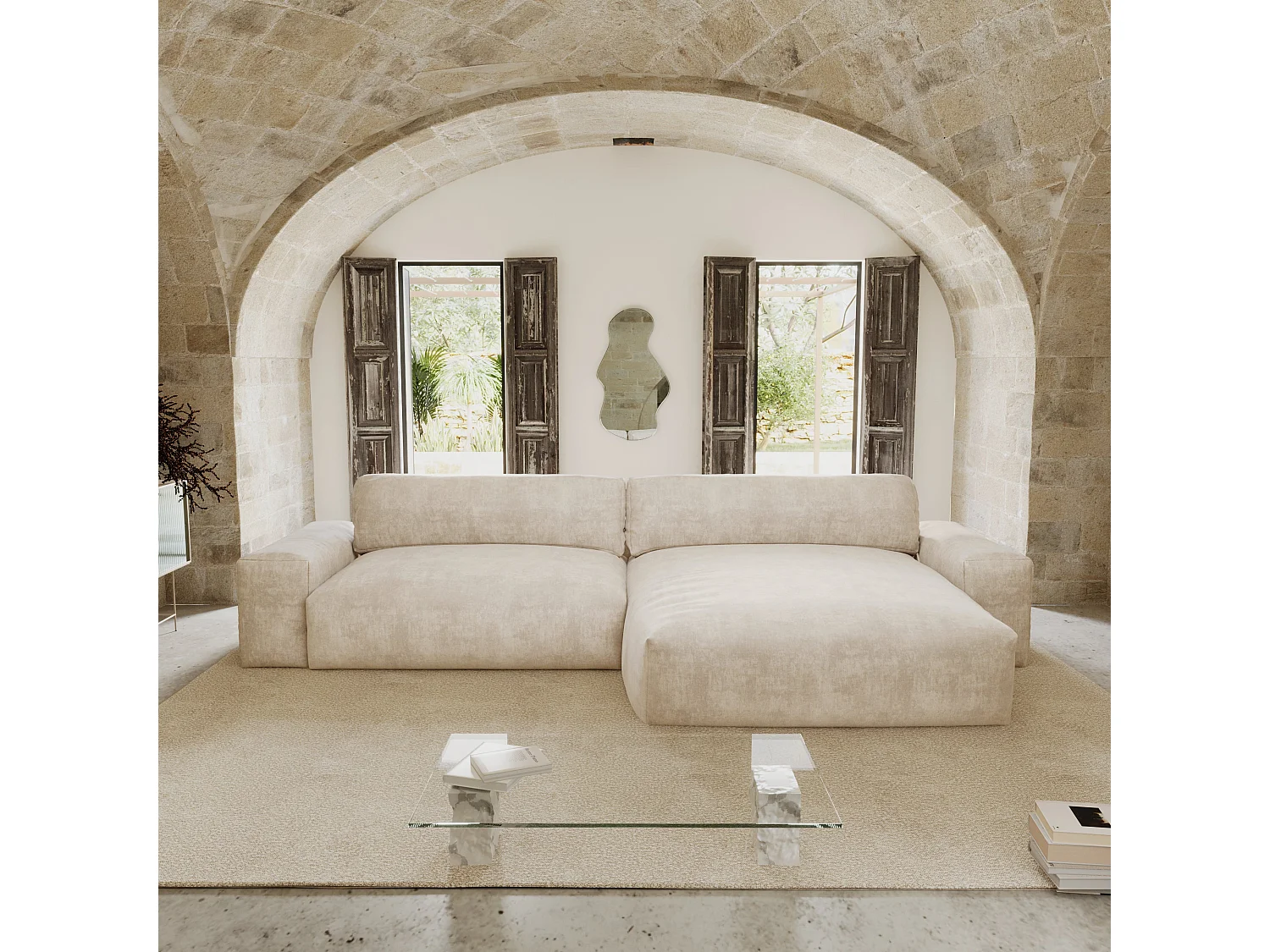 Canapé angle droit velours crème 310cm BLISS