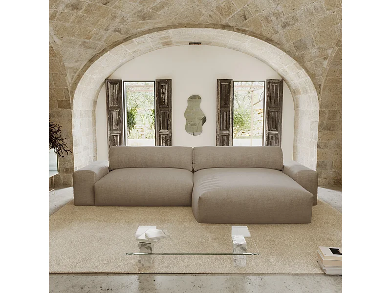 Canapé angle droit 4 places tissu tramé toucher doux taupe 310cm BLISS