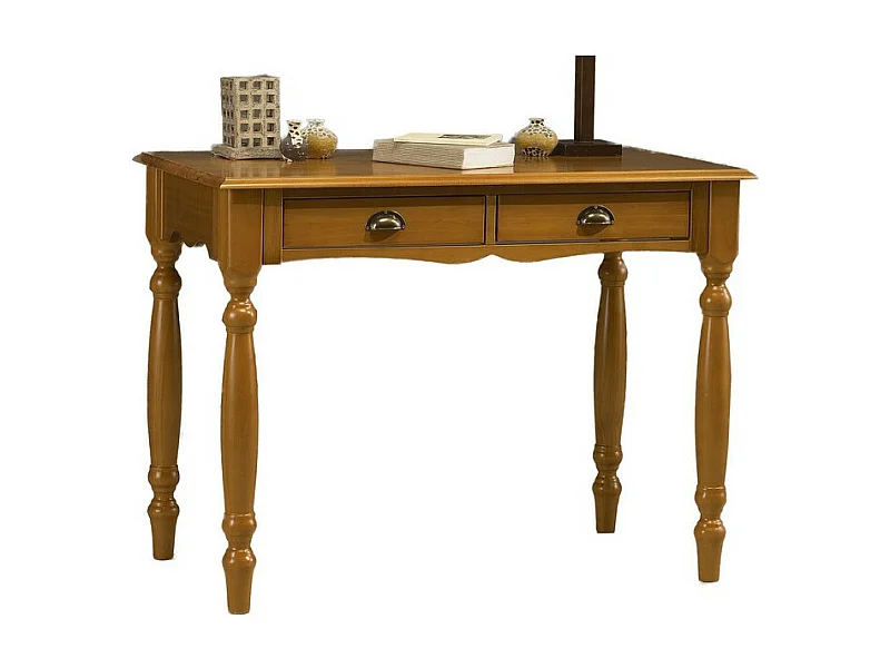 Table A Ecrire Pin Massif Miel 2 Tiroirs Pieds Tournés L 100 H 74.3 P 56.4 cm
