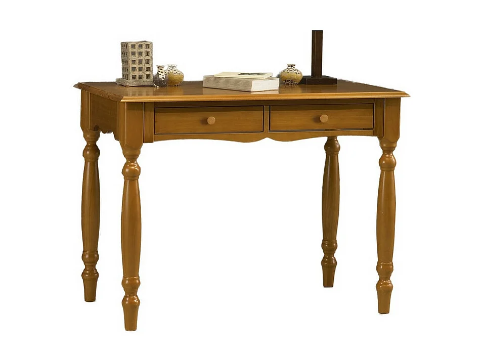 Table A Ecrire Pin Massif Miel 2 Tiroirs Pieds Tournés L 100 H 74.3 P 56.4 cm