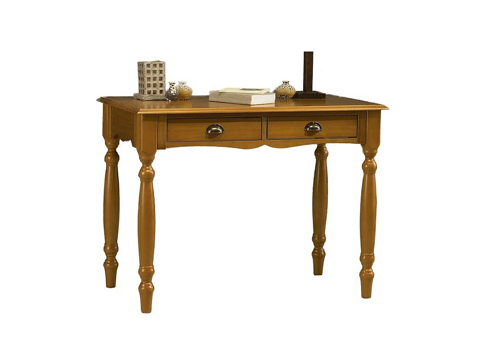 Table A Ecrire Pin Massif Miel 2 Tiroirs Pieds Tournés L 100 H 74.3 P 56.4 cm