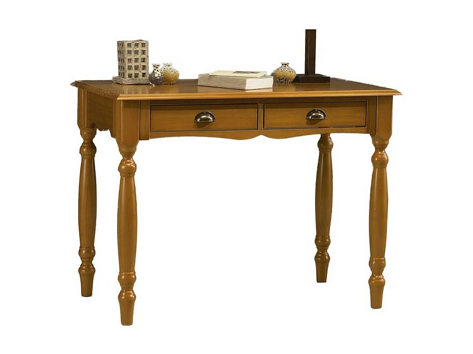 Table A Ecrire Pin Massif Miel 2 Tiroirs Pieds Tournés L 100 H 74.3 P 56.4 cm