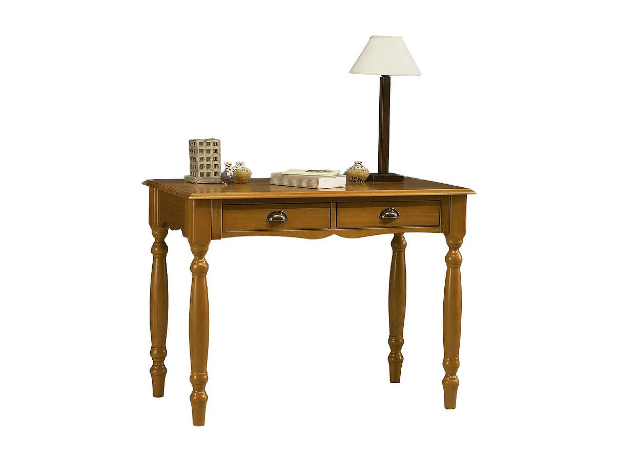 Table A Ecrire Pin Massif Miel 2 Tiroirs Pieds Tournés L 100 H 74.3 P 56.4 cm