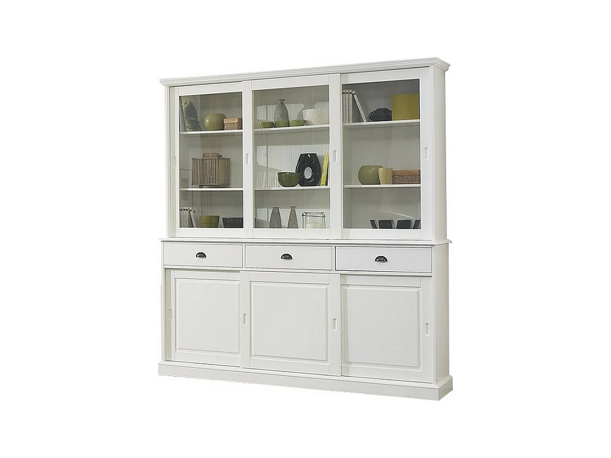 Vaisselier Blanc 6 Portes Coulissantes 3 Tiroirs 10 Niches L 178.6 H 199 P 42.3 cm