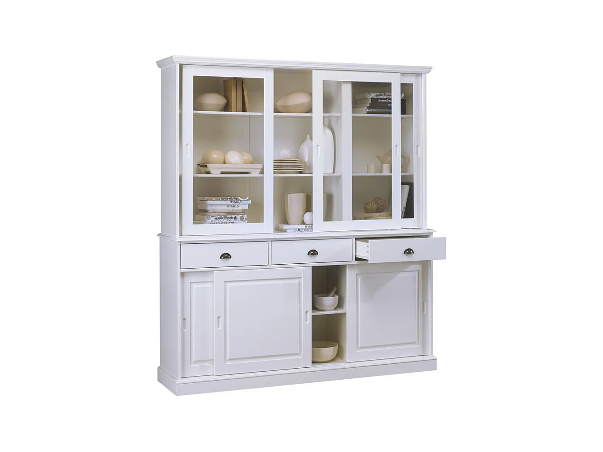Vaisselier Blanc 6 Portes Coulissantes 3 Tiroirs 10 Niches L 178.6 H 199 P 42.3 cm
