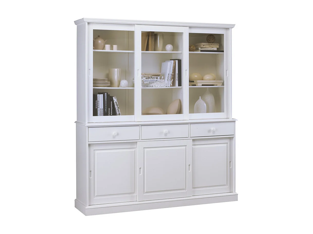 Vaisselier Blanc 6 Portes Coulissantes 3 Tiroirs 10 Niches L 178.6 H 199 P 42.3 cm