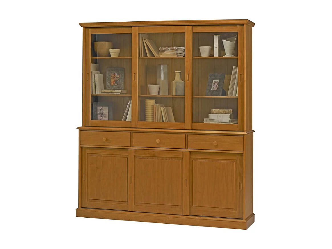 Vaisselier Pin Miel 6 Portes Coulissantes 10 Niches L 178.6 H 199 P 42.3 cm