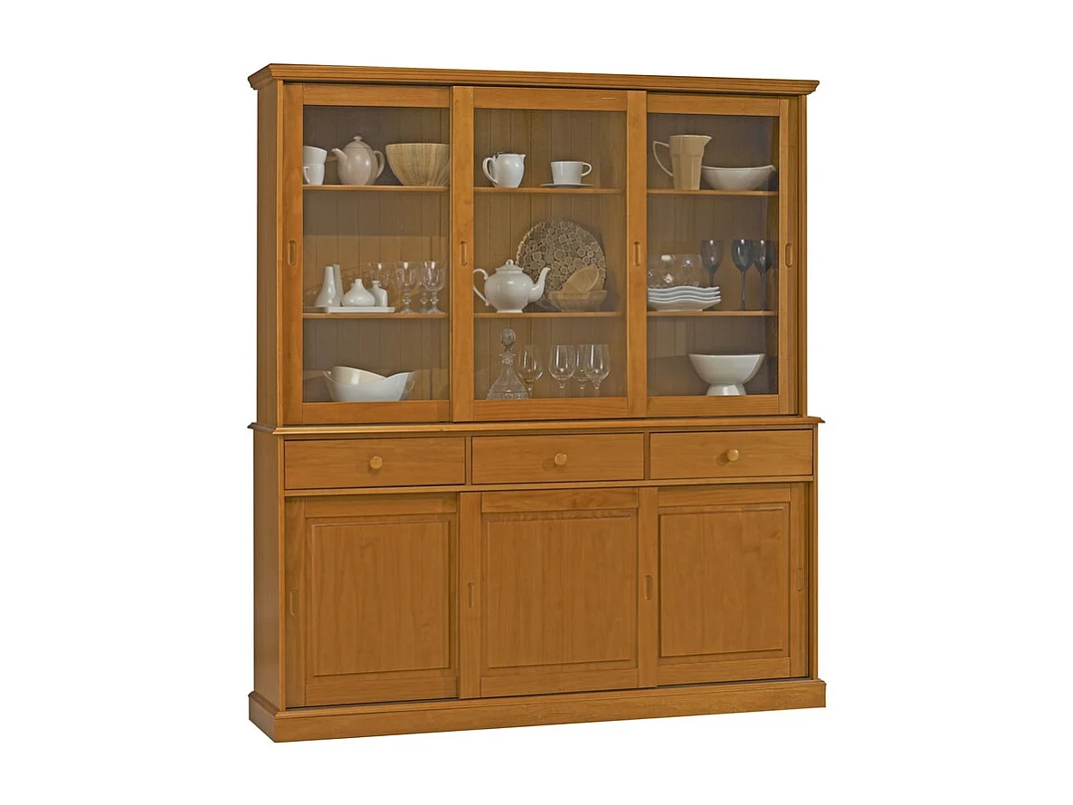 Vaisselier Pin Miel 6 Portes Coulissantes 10 Niches L 178.6 H 199 P 42.3 cm