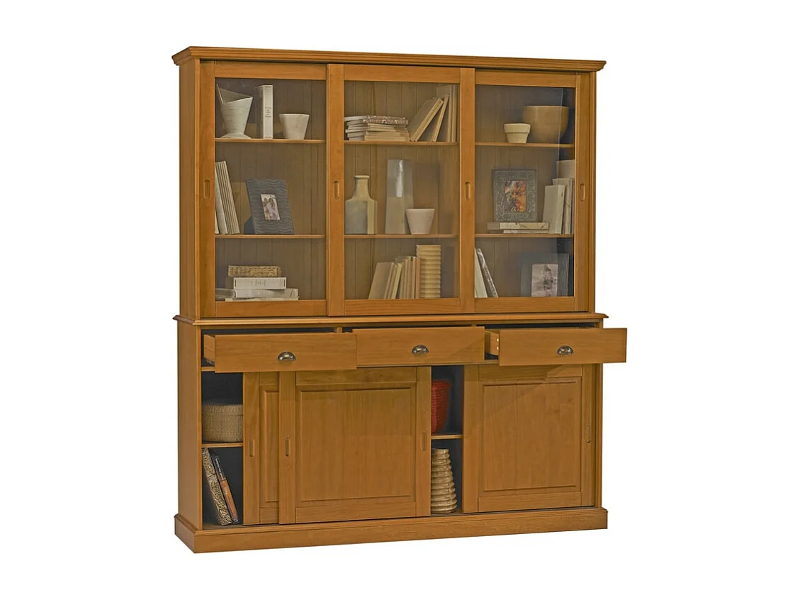 Vaisselier Pin Miel 6 Portes Coulissantes 10 Niches L 178.6 H 199 P 42.3 cm