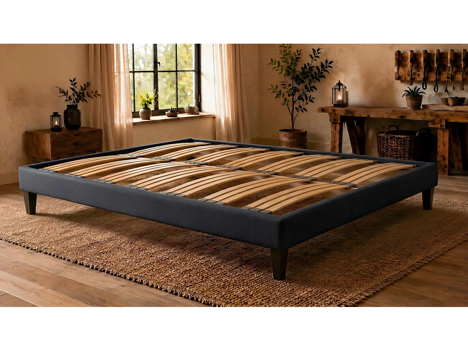 Sommier à Latte 160x200 cm - Bois Épicéa Structure Durable Robuste de Haute Qualité - Noir - Silencieux, Confortable et Résistant - Douce Lune