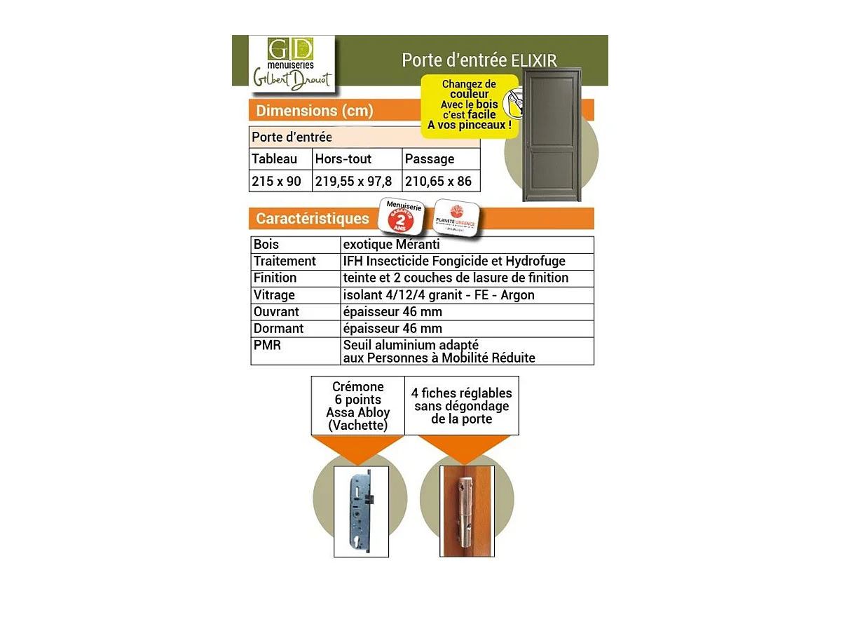 Porte d'entree Bois Pleine, Elixir, Vert RAL7002, H,215xl,90 p,gauche + Poignee Et Barillet (ref010723NO)  Cote Tableau