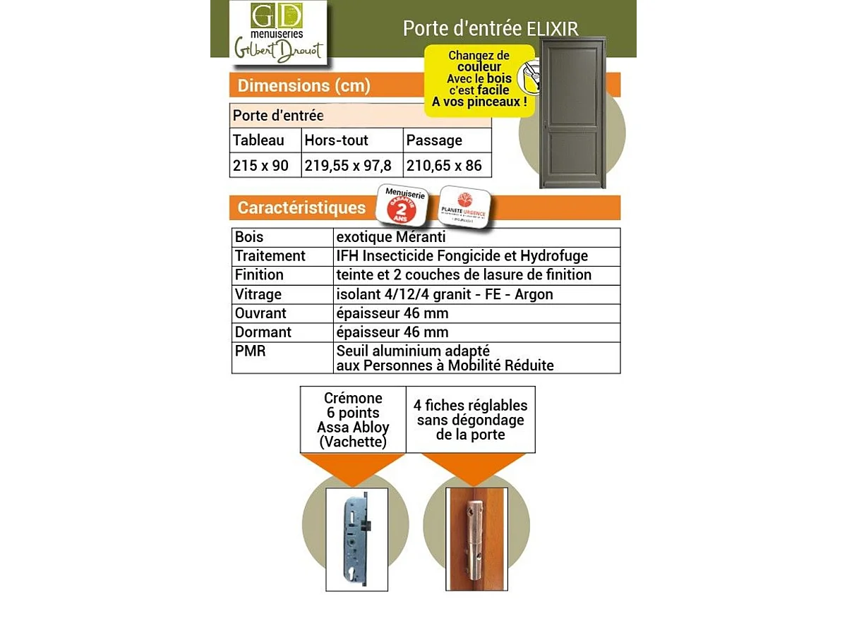 Porte D'entrée Bois Pleine Elixir, Vert Ral7002, H.215xl.90 Côte Tableau, P.droit, Poignée, Barillet Gd Menuiseries
