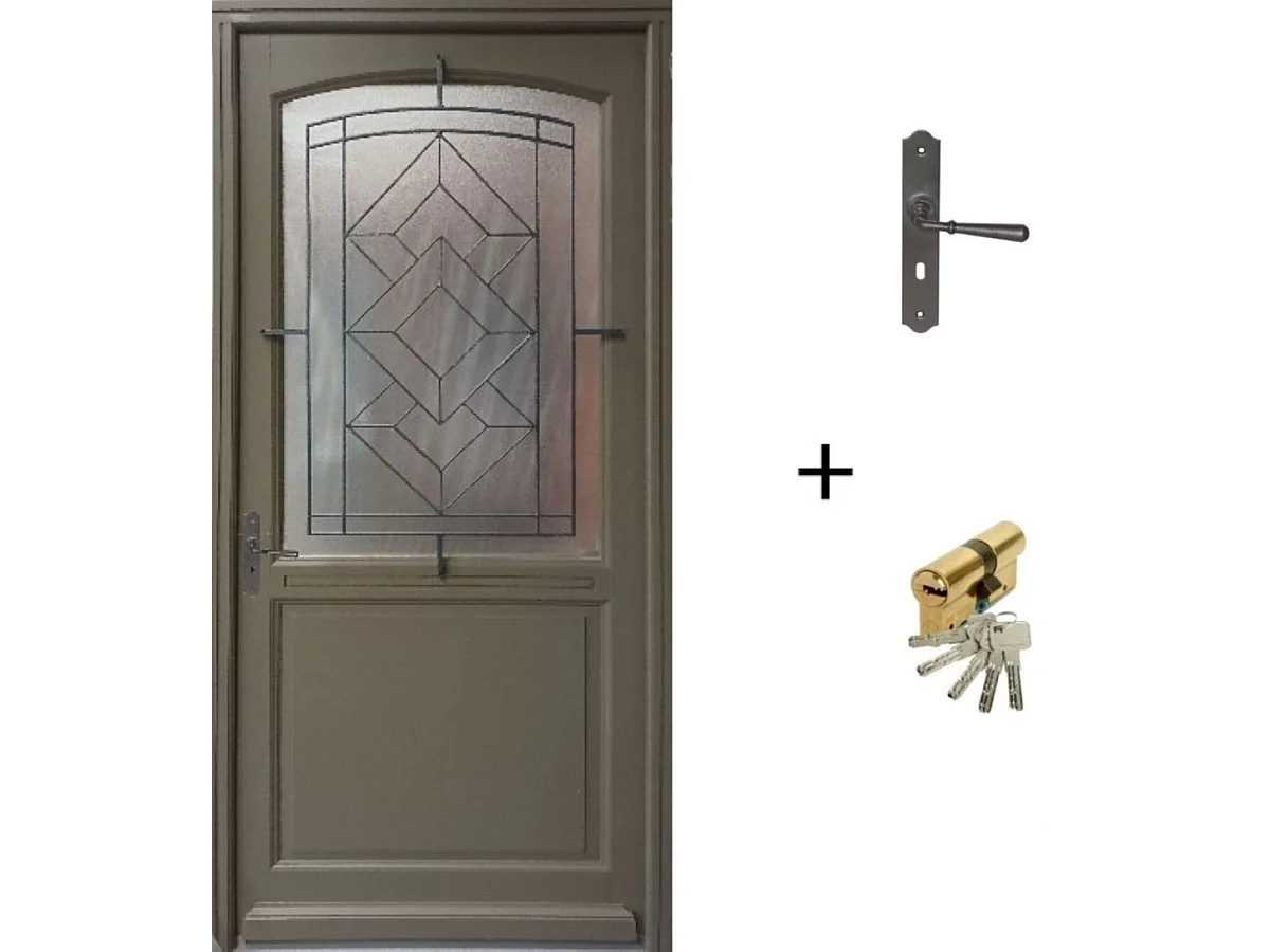 Porte d'entree Bois vitree, Elsie, Vert RAL7002, H,215xl,90 p, droit + Poignee Et Barillet (ref 010403FP)  Cote Tableau