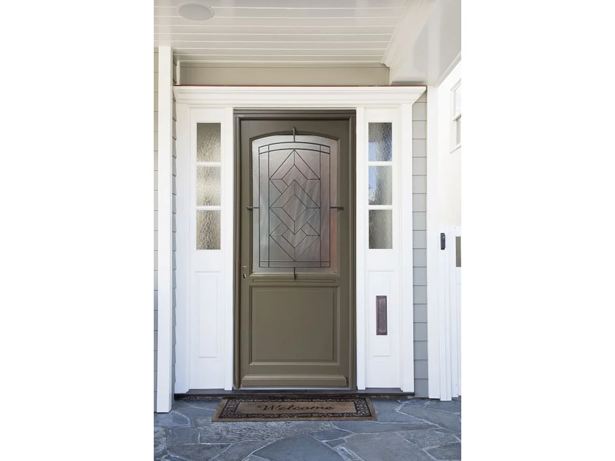 Porte d'entree Bois vitree, Elsie, Vert RAL7002, H,215xl,90 p, droit + Poignee Et Barillet (ref 010403FP)  Cote Tableau