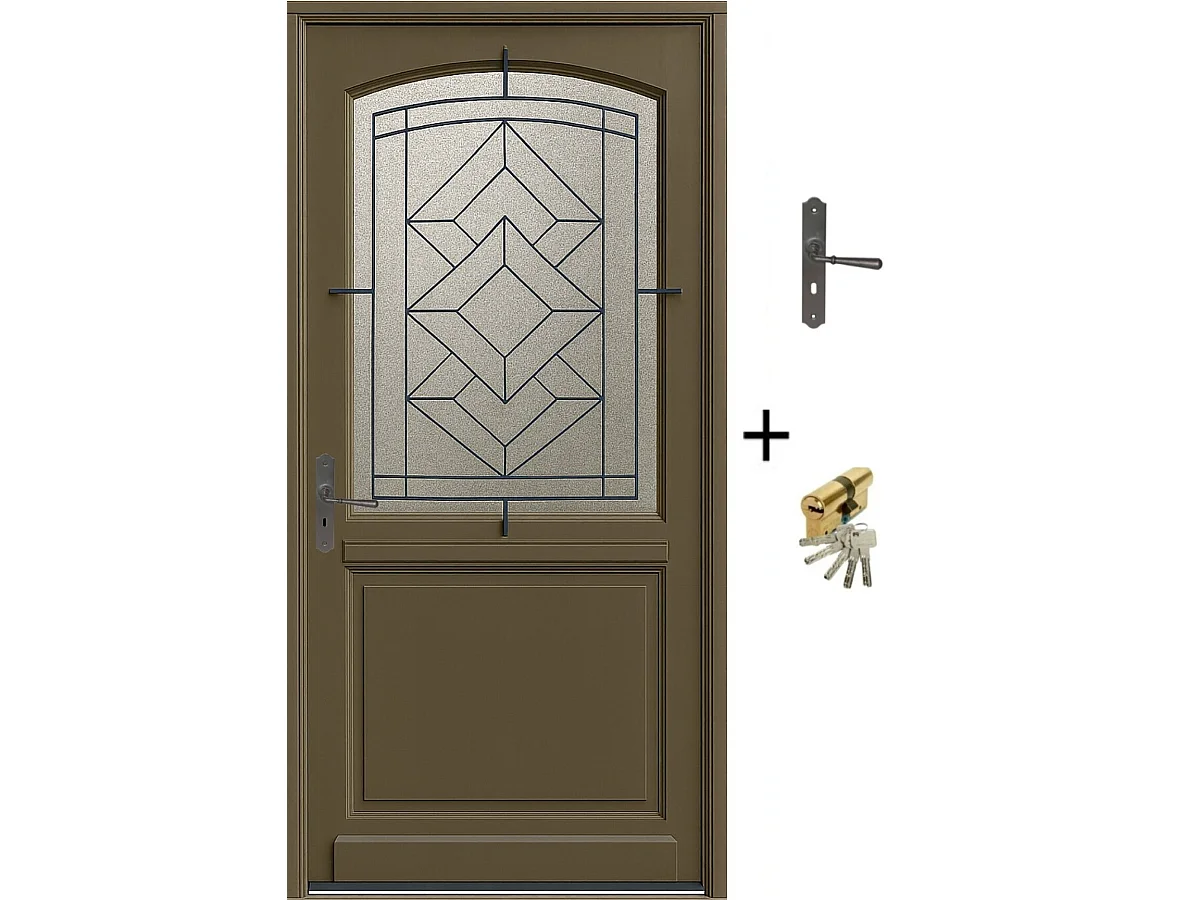 Puerta de entrada de madera acristalada, Elsie, Verde RAL7002, Al.215xl.90 p. derecha + Mango Y Cañón (ref 010403FP) Dimensión mesa sin manilla