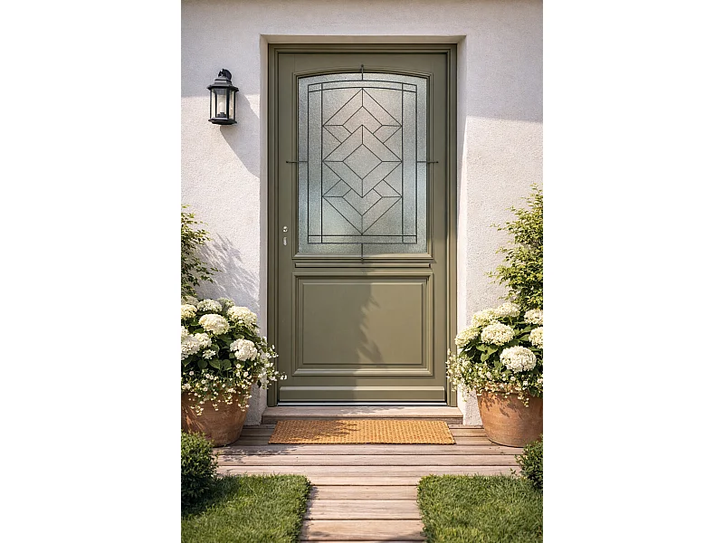 Porte D'entrée Bois Vitrée Elsie, Vert Ral7002, H.215xl.90 P.droit , Poignée, Barillet Côte Tableau Gd Menuiseries