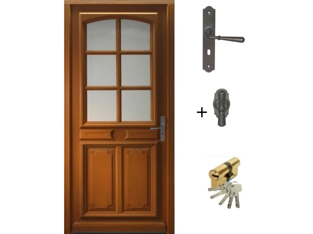 Porte d'entree Bois vitree, Marine, H,215xl,80  p,gauche + Poignee Et Barillet (ref 010403RFP)Cotes Tableau