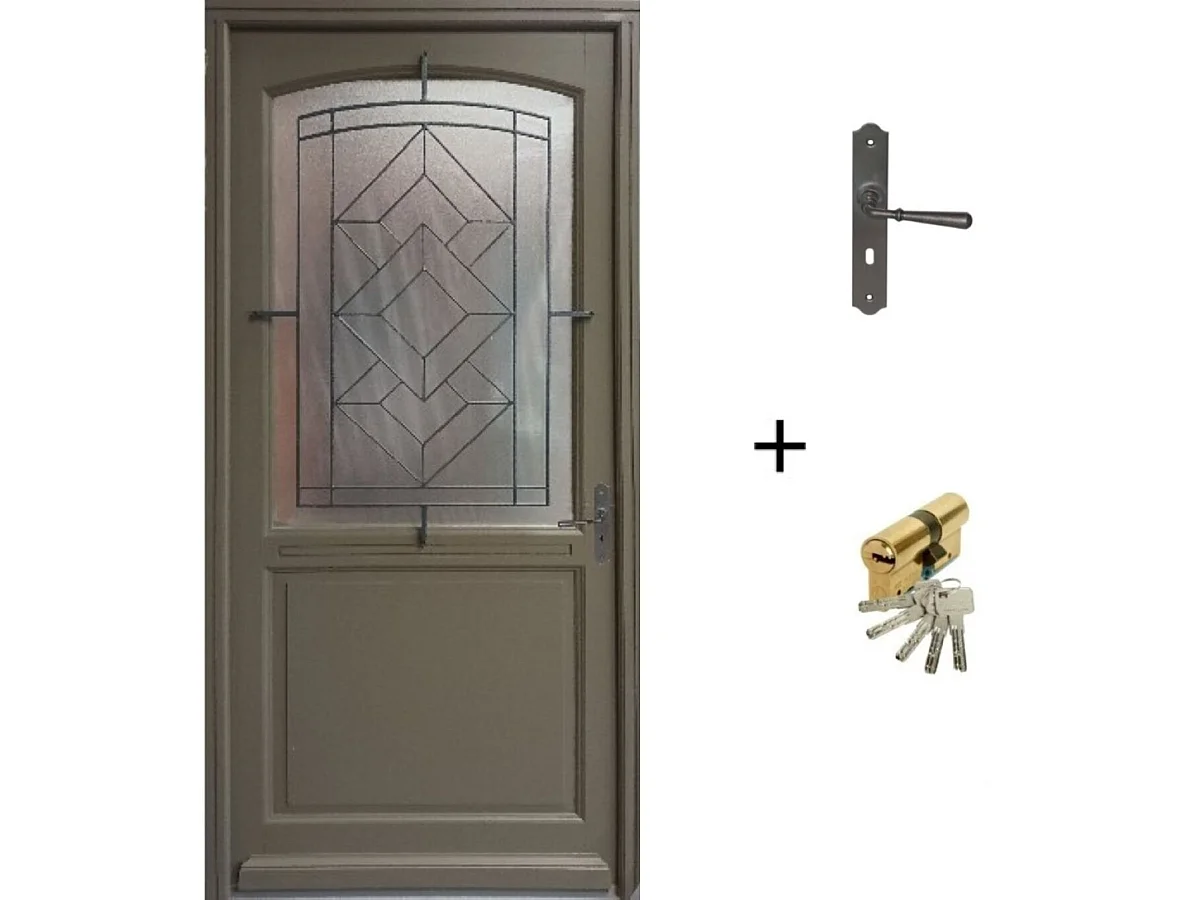 Porte d'entree Bois vitree, Elsie, Vert RAL7002, H,215xl,90 p,gauche + Poignee Et Barillet (ref 010403FP) Cote Tableau