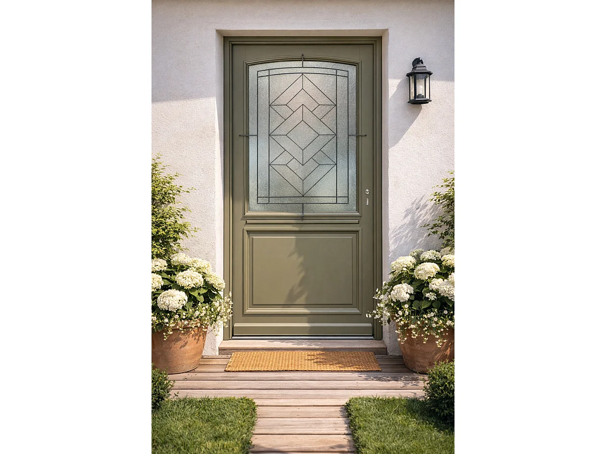 Porte D'entrée Bois Vitrée Elsie, Vert Ral7002, H.215xl.90 Gd Menuiseries