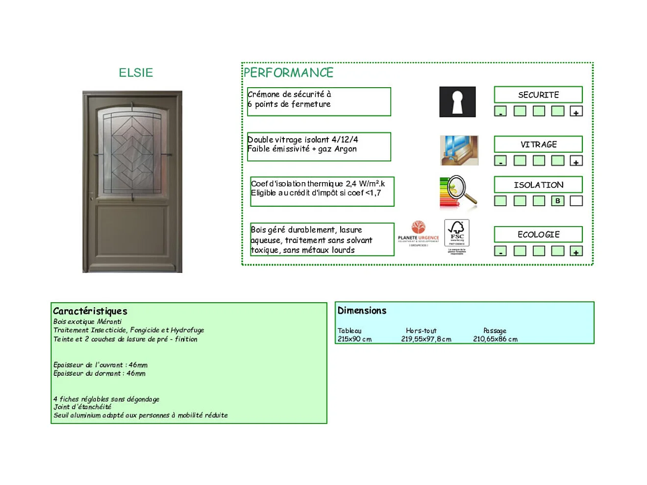 Porte D'entrée Bois Vitrée Elsie, Vert Ral7002, H.215xl.90 Gd Menuiseries