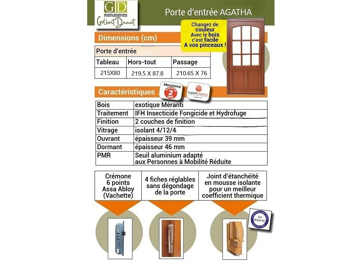 Porte d'entree Bois vitree, Agatha, H,215xl,80  p,gauche + Poignee Et Barillet (ref010723NO) Cote Tableau