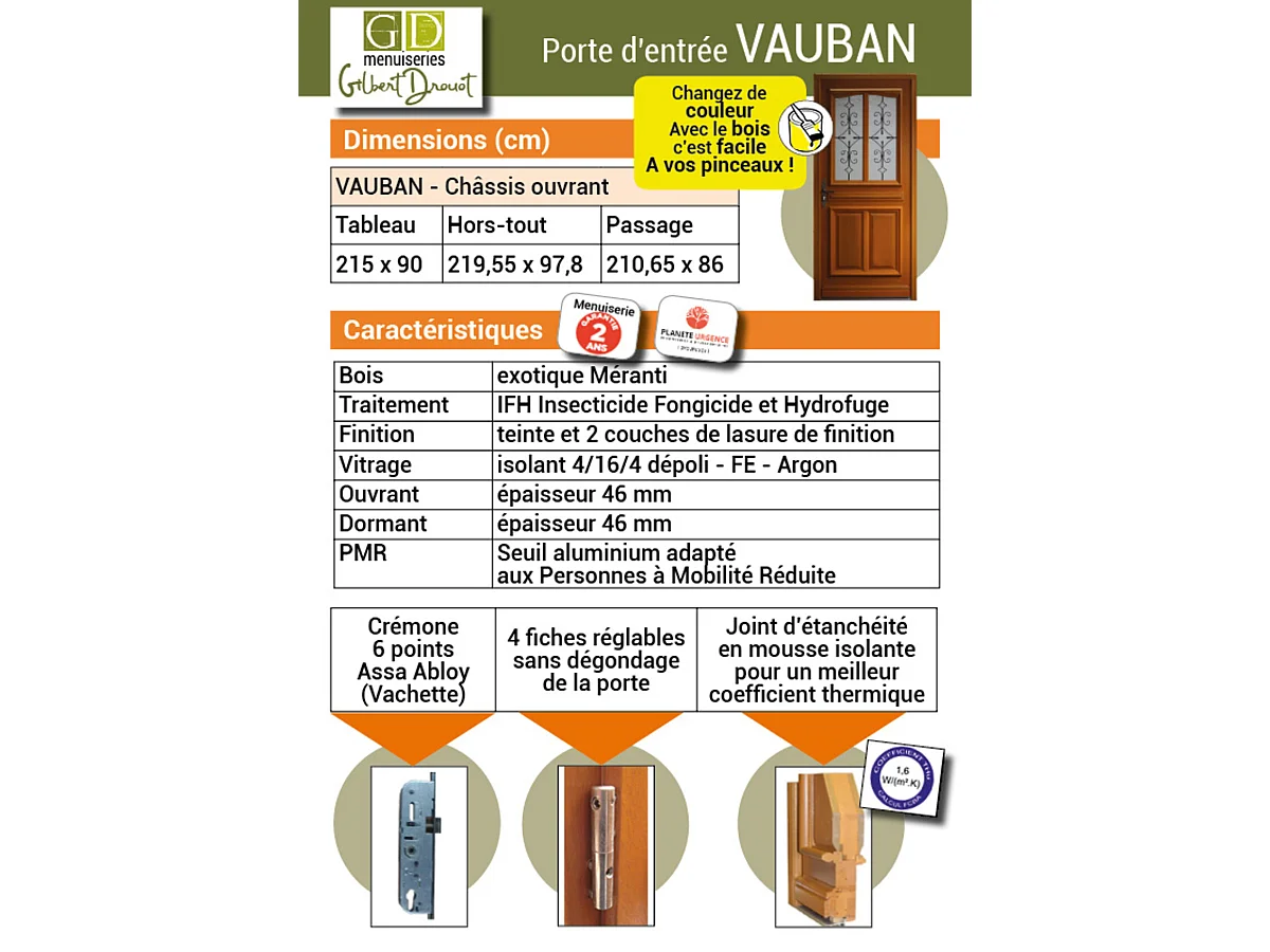 Puerta de entrada de madera acristalada, Vauban, Al.215xl.90 p.izq + Tirador Y Cilindro (ref 010403RFP) Tabla Dimensiones sin manilla