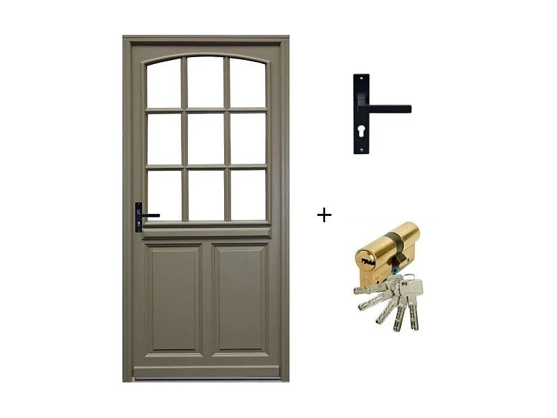 Porte d'entree Bois vitree, Ady , Vert RAL7002,, H,215xl,90  p, droit + Poignee Et Barillet (ref010723NO) Cote Tableau