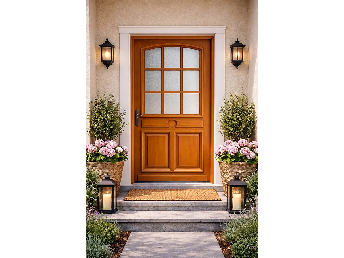 Puerta de entrada de madera acristalada, Navy, Al.215xl.90 p. derecha + Mango Y Cañón (ref 010403RFP)Tabla de Dimensiones sin manilla