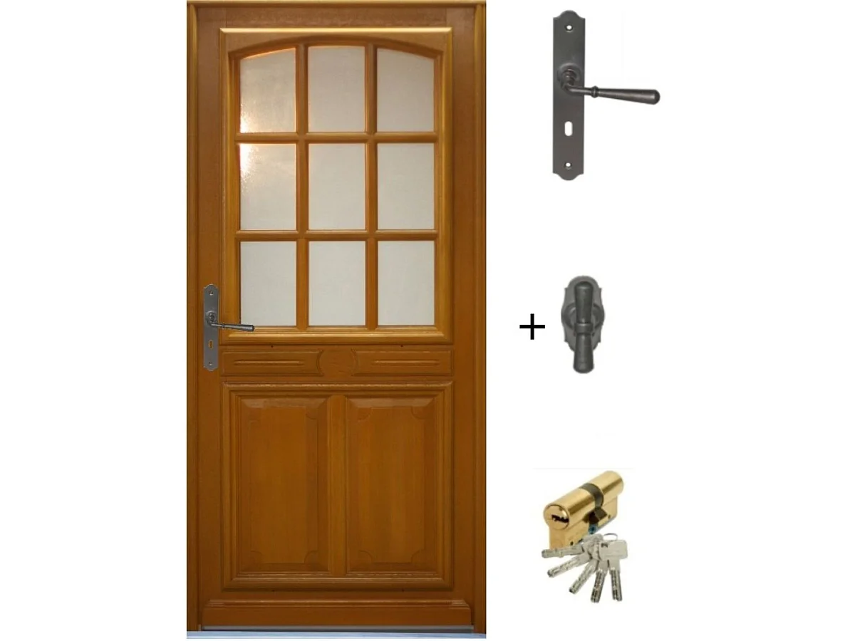 Puerta de entrada de madera acristalada, Navy, Al.215xl.90 p. derecha + Mango Y Cañón (ref 010403RFP)Tabla de Dimensiones sin manilla