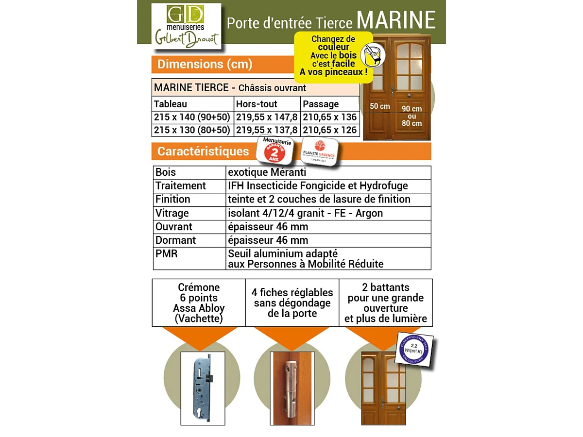 Porte D'entrée Tiercée Bois Vitrée Marine H.215xl.140 Cm P,gauche, Côte Tableau, Poignée, Barillet Gd Menuiseries